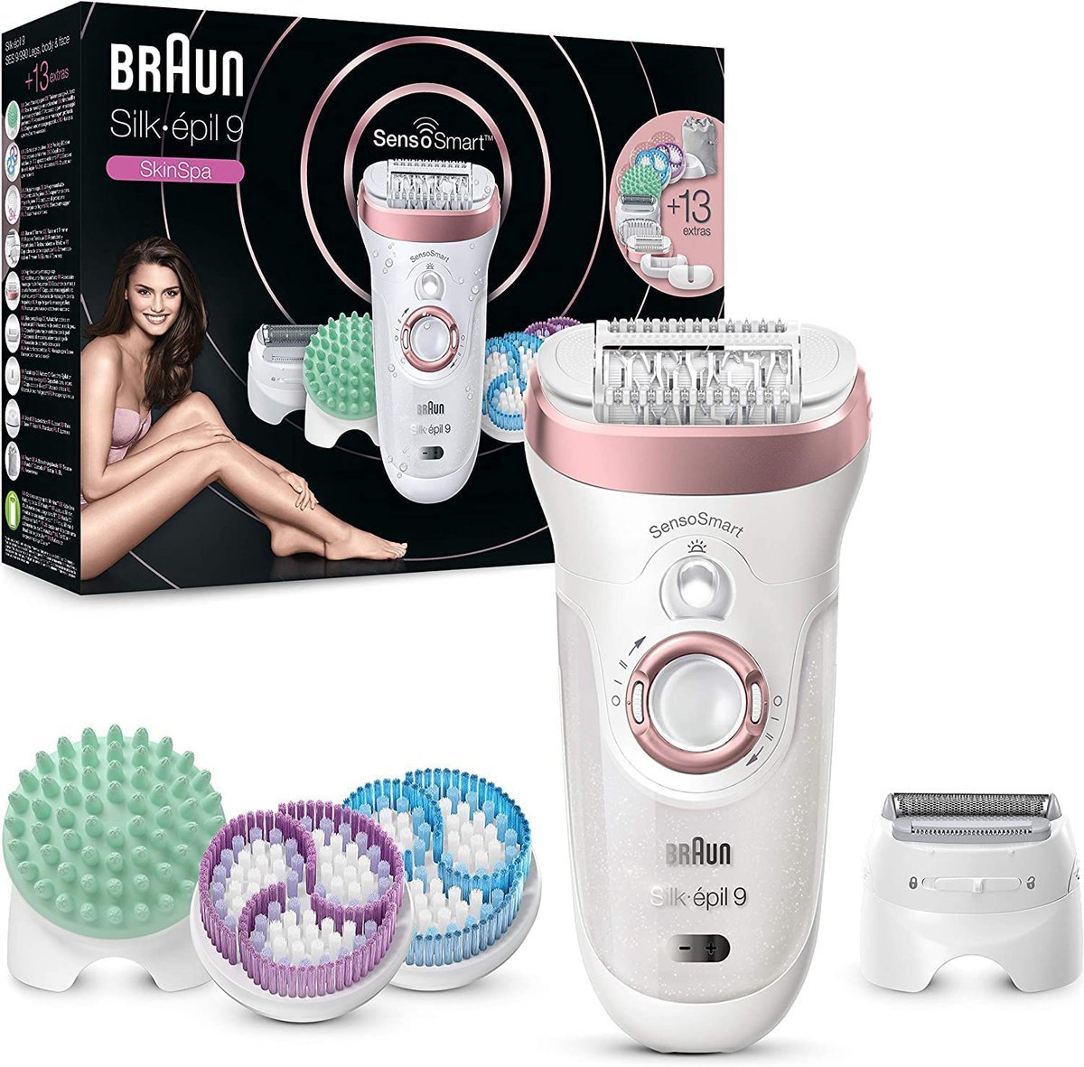 Épilateur Braun Silk épil 9 990 SkinSpa avec ses quatre accessoires et sa boîte d'emballage