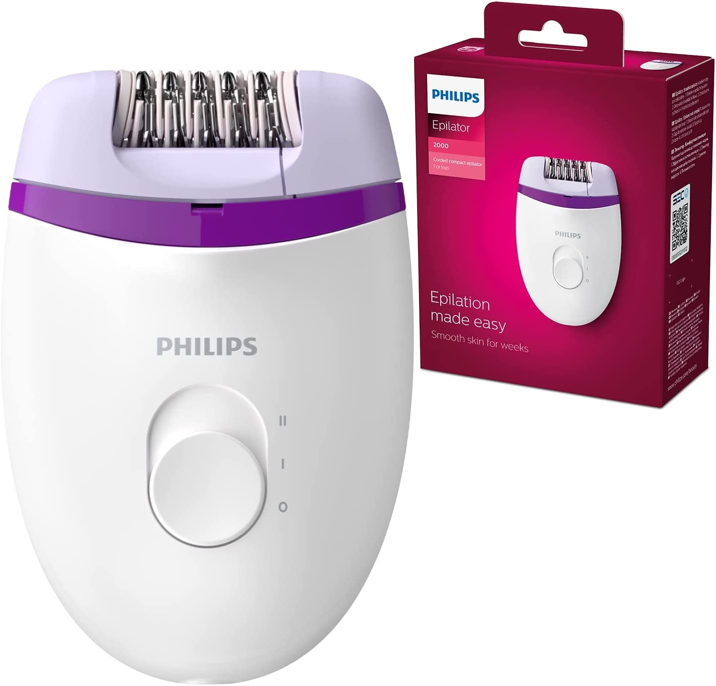 Épilateur Philips BRE225/00 avec sa boîte d'emballage, sur fond blanc