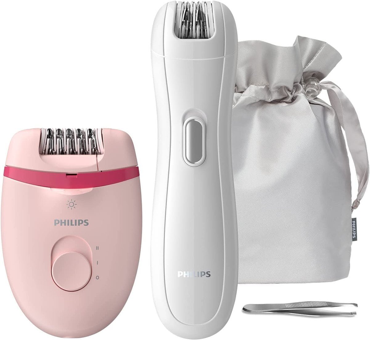 Coffret Philips BRP531/00 montrant l'épilateur Satinelle rose et le mini-épilateur pour zones sensibles. Ils sont accompagnés d'une pince à épiler et d'une pochette de rangement.et un sacavec ses boîte d'emballage, sur fond blanc