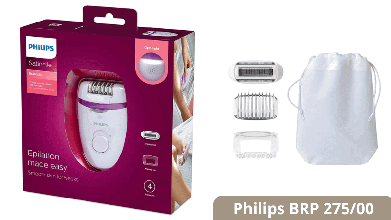 Vue de face du Coffret épilateur Philips BRP 275/00, comprenant plusieurs accessoires tes qu'une pochette de rangement et une tête de rasage.